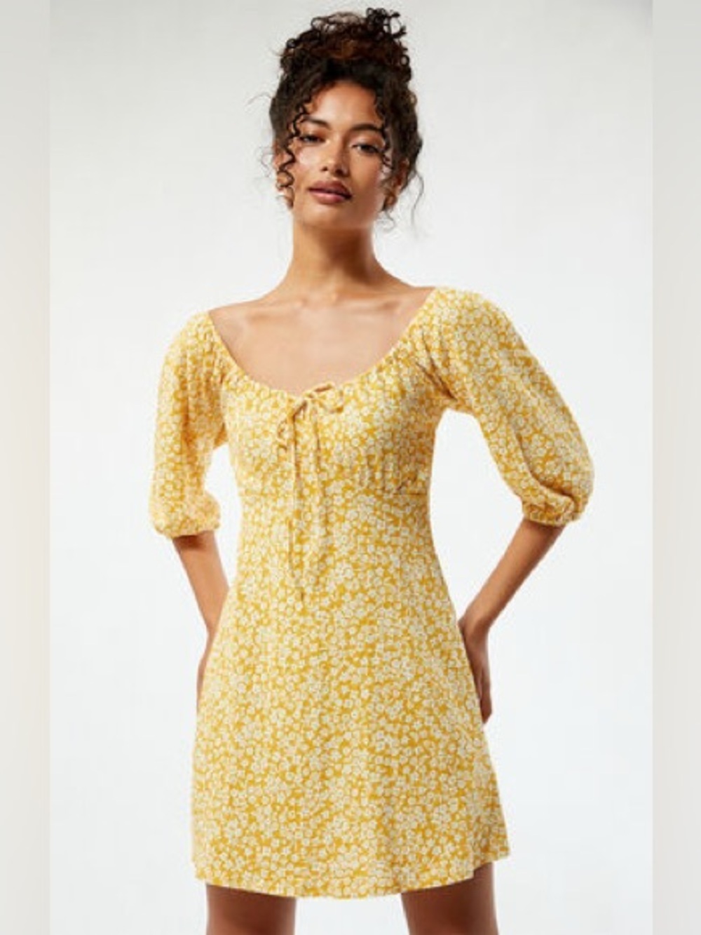 Billabong Yellow Floral Daisy Boho Mini Dress Cottagecore Puff Sleeves Small